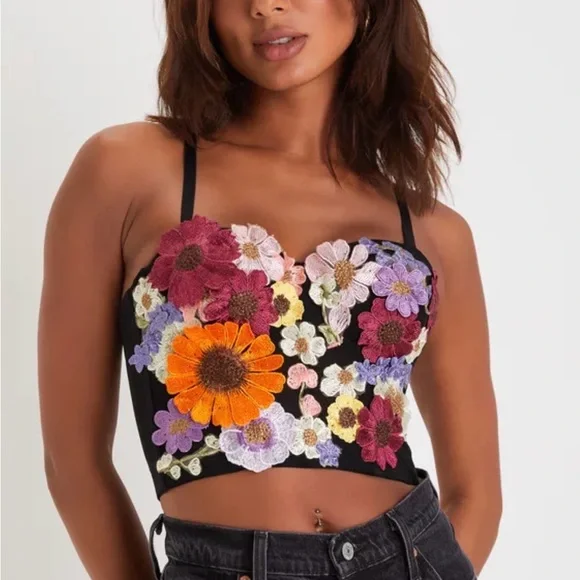 Lulu’s Floral Embroidered Black Crop Corset Top - Picture 1 of 4